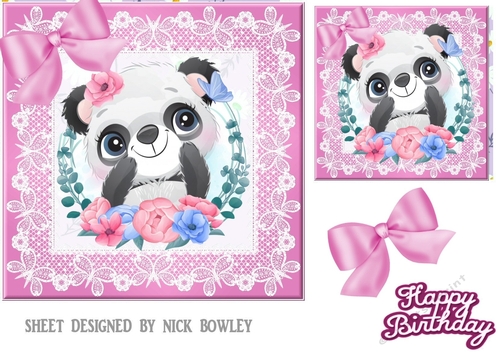 cute panda with flowers  pink bow and lace 7x7