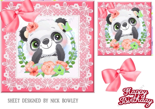 cute panda with flowers red bow and lace 7x7