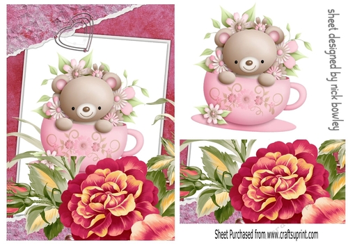 Cute teddy in teacup in floral frame A5