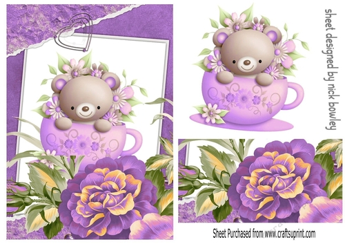 Cute teddy in teacup in floral frame (lilac) A5