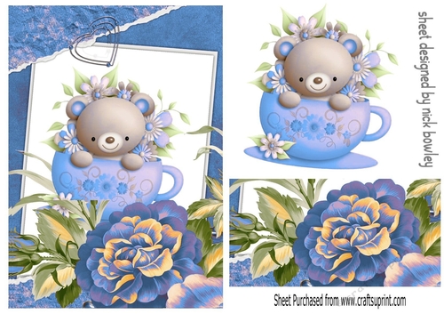 Cute teddy in teacup in floral frame (blue) A5