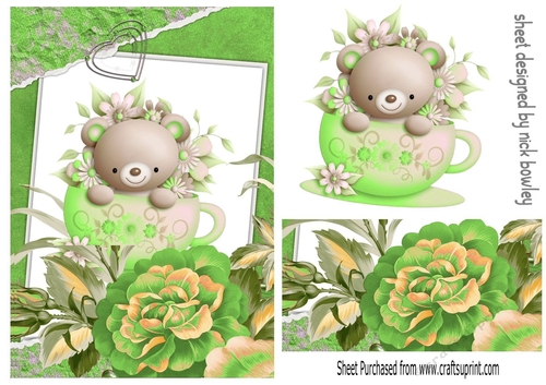 Cute teddy in teacup in floral frame (green) A5