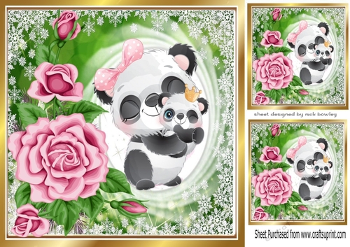 cute panda with baby and pink roses 8x8