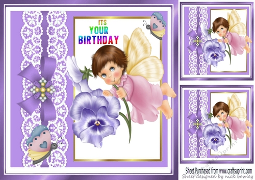 Cute little flower faerie in window frame with lace and purple bow  8x8