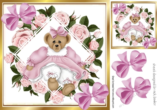 Lovely teddy bear with pink roses and  bow 8x8
