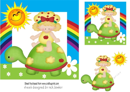Little girl with her tortoise in rainbow frame 7x7