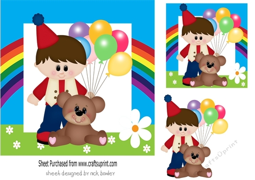 Little boy with his little teddy bear in rainbow frame 7x7