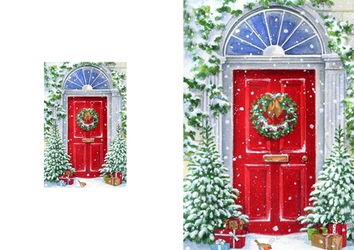 Pretty red front door, with trees and snow folded A5 card