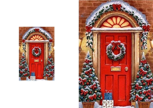 Pretty red front door, with wreath and snow folded A5 card