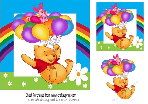 Lovely pooh bear with balloons in a rainbow 7x7 frame