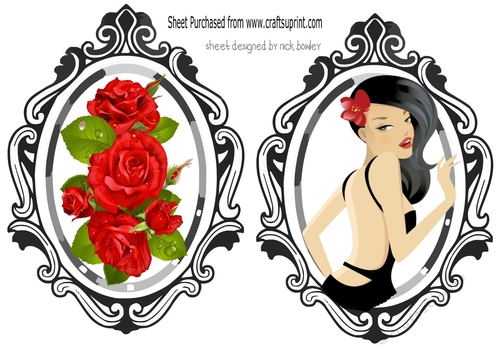 two lovely toppers in ornate frame of a lady and red rose