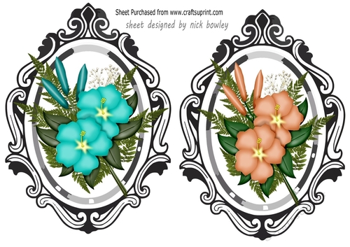 Pretty turq/peach flower toppers in ornate frames