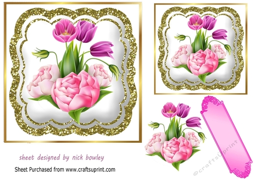 Pretty pink  flowers in gold glitter ornate 7x7 topper