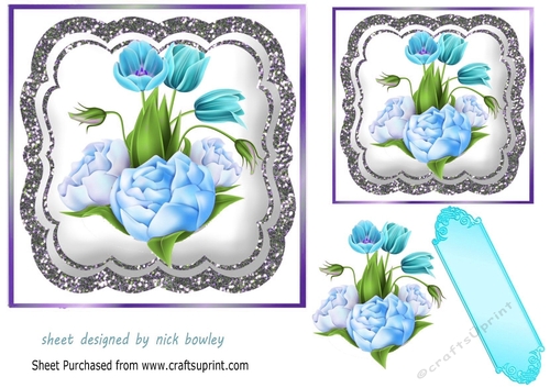 Pretty blue  flowers in silver glitter ornate 7x7 topper