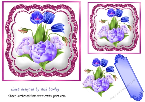 Pretty purple  flowers in pink glitter ornate 7x7 topper