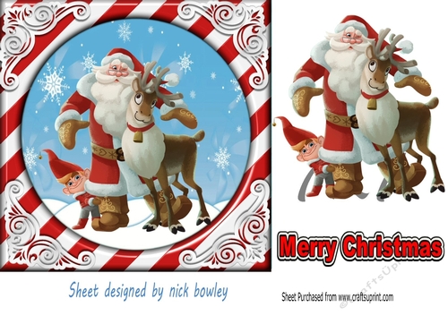 lovely santa in cand frame with deer and gnome 7x7