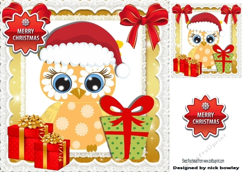 Cute owl in santa hat with red/gold bows and presents 8x8