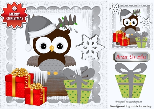 Cute owl in snow grey stars with presents 8x8 frame 