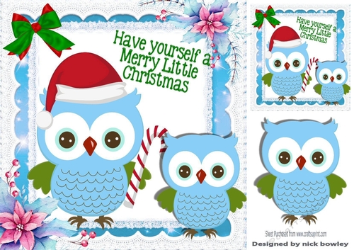 Cute owls in santa hat with red/green bow 8x8