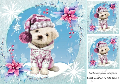 Cute westie in pink with snow 8x8 card front