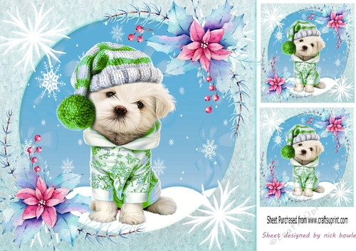 Cute westie in green with snow 8x8 card front