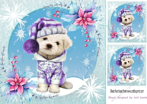 Cute westie in purple with snow 8x8 card front