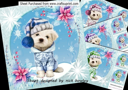  4 Cute westies with snow pink flowers 8x8 card front mini kits