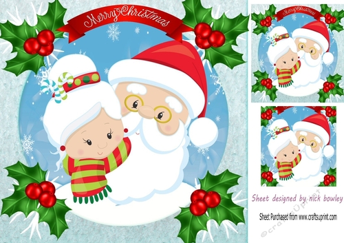 Mr & Mrs Claus with holly and snow 8x8