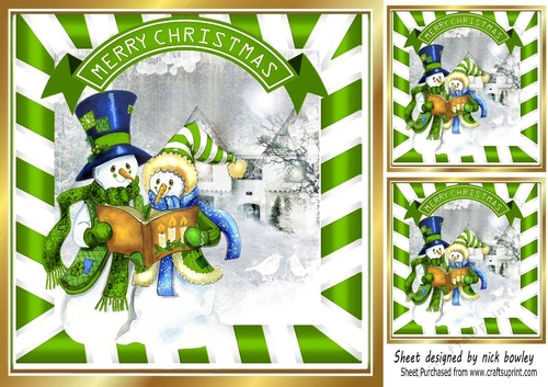 Lovely Snowmen family in snow scene singing 8x8 (green)