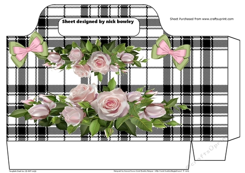 Pretty pink roses borders with bows in black check tote gift bag