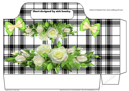 Pretty cream roses borders with bows in black check tote gift bag