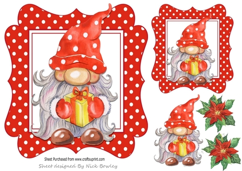Gnome in red polkadot 7x7 frame with holly