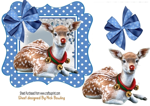 Cute little deer in blue spot 7x7 frame with bow 