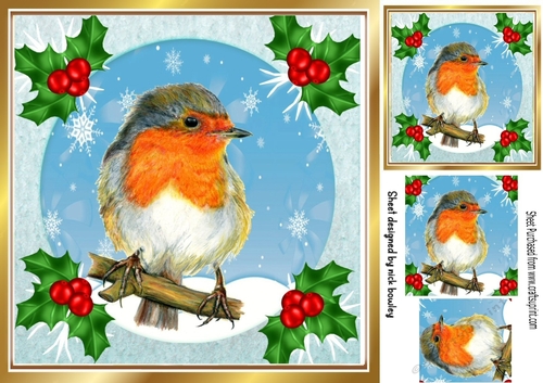 Lovely robin on a branch with snow and holly 8x8