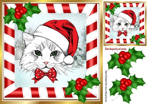 Painted cat in santa hat with snow scene 8x8