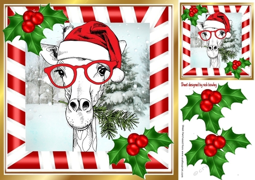 Painted Giraffe in Santa Hat with snow scene 8x8