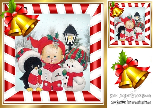 Carol singing friends with snow scene and bells 8x8