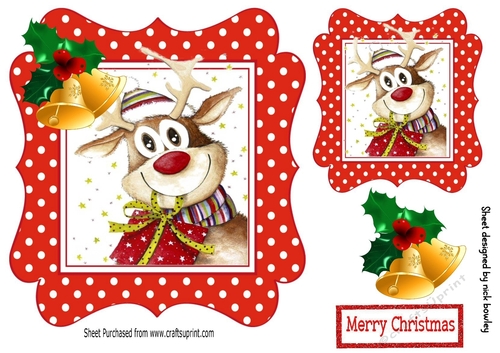 Cute reindeer in red polkadot 7x7 topper with bells
