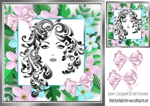 Modern girl in flower frame with bows 8x8 (One)