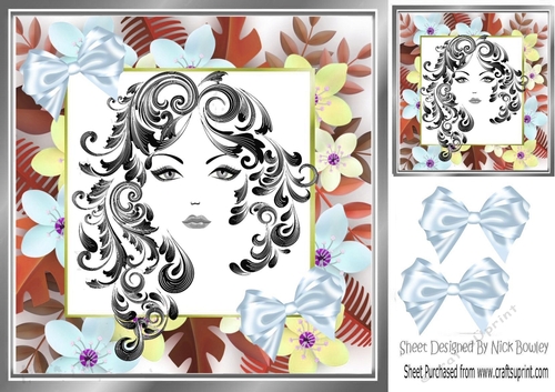 Modern girl in flower frame with bows 8x8 (two)