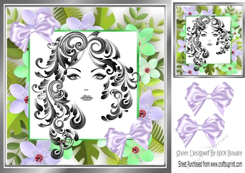 Modern girl in flower frame with bows 8x8 (three)