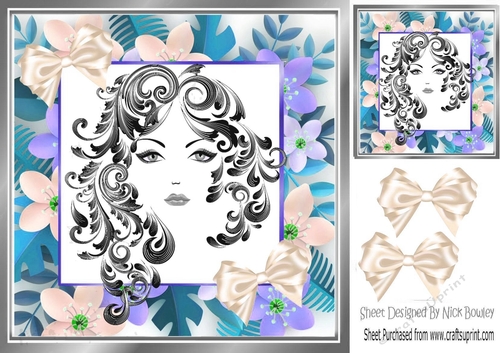 Modern girl in flower frame with bows 8x8 (four)