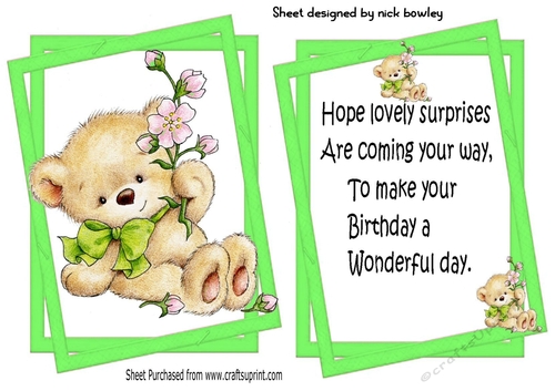 Lovely teddy with flowers in twisted topper/insert A5 (green)