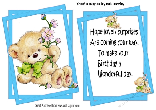 Lovely teddy with flowers in twisted topper/insert A5 (blue)