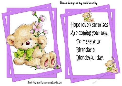 Lovely teddy with flowers in twisted topper/insert A5 (purple)
