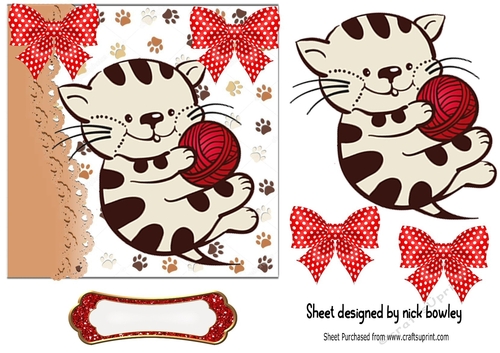 Cute kitty playing with wool red bows 7x7