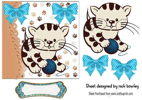Cute kitty playing with wool blue bows 7x7