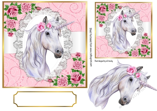 pretty unicorn with pink roses on lace 7x7