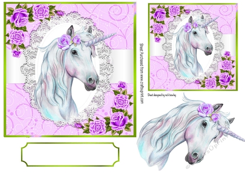 pretty unicorn with lilac roses on lace 7x7