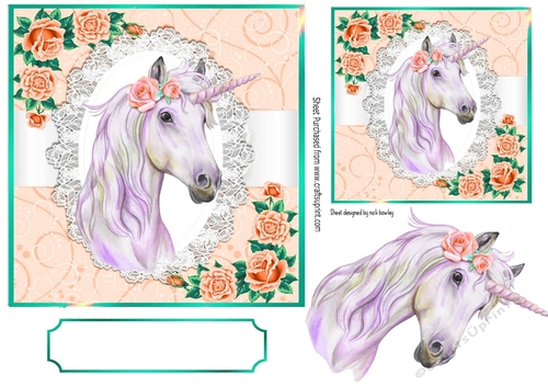 pretty unicorn with peach roses on lace 7x7